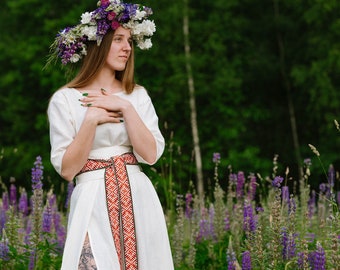 Wedding linen dress with handwoven RED sash Belt/Red Ethnic Belt. Dress with one front-slit. White long linen dress. Baltic style dress.