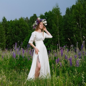 White wedding linen dress with one front-slit. Long dress with two belts. Linen Goddess Attire. Viking wedding dress. Baltic wedding dress.