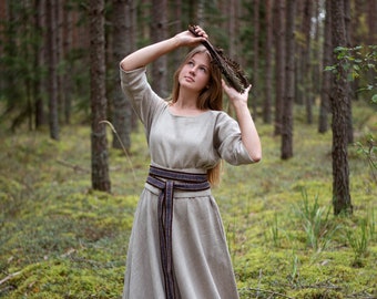 Long linen dress with BLUE-BROWN hand-woven band. Viking dress. Viking wedding dress. Baltic style. Baltic wedding dress. Luxurious Gift