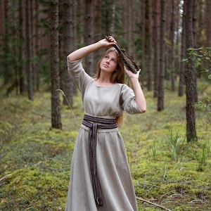 Long linen dress with BLUE-BROWN hand-woven band. Viking dress. Viking wedding dress. Baltic style. Baltic wedding dress. Luxurious Gift