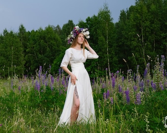 White wedding linen dress with one front-slit. Long dress with two belts. Linen Goddess Attire. Viking wedding dress. Baltic wedding dress.