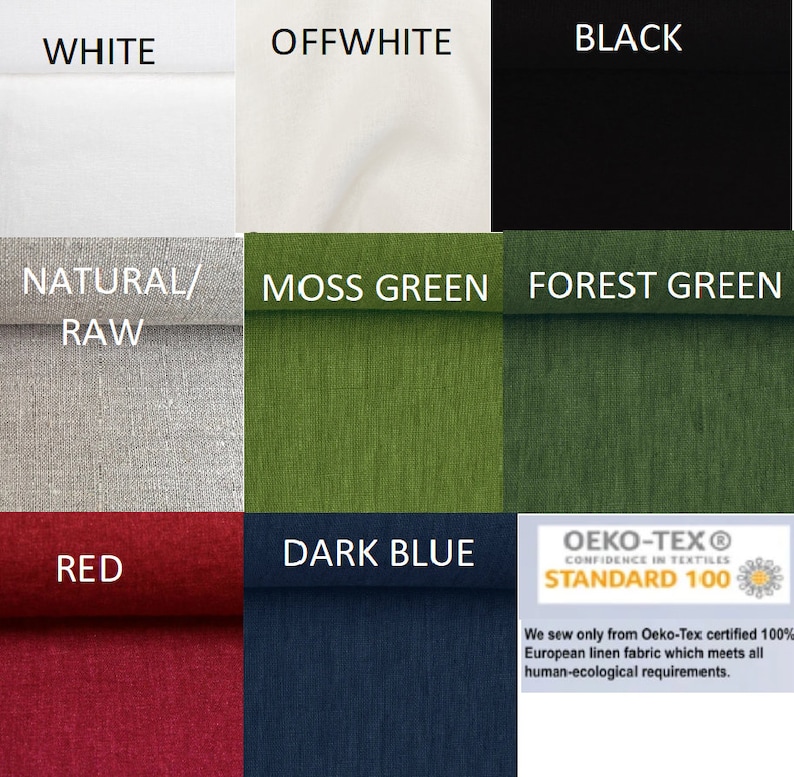 The colors of the shirts: white, off white, black, natural/raw, moss green, forest green, red, dark blue.