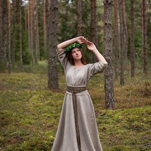 Long linen dress with hand-woven narrow brown band. Viking dress. Viking wedding dress. Baltic style. Baltic wedding dress. Gift for her