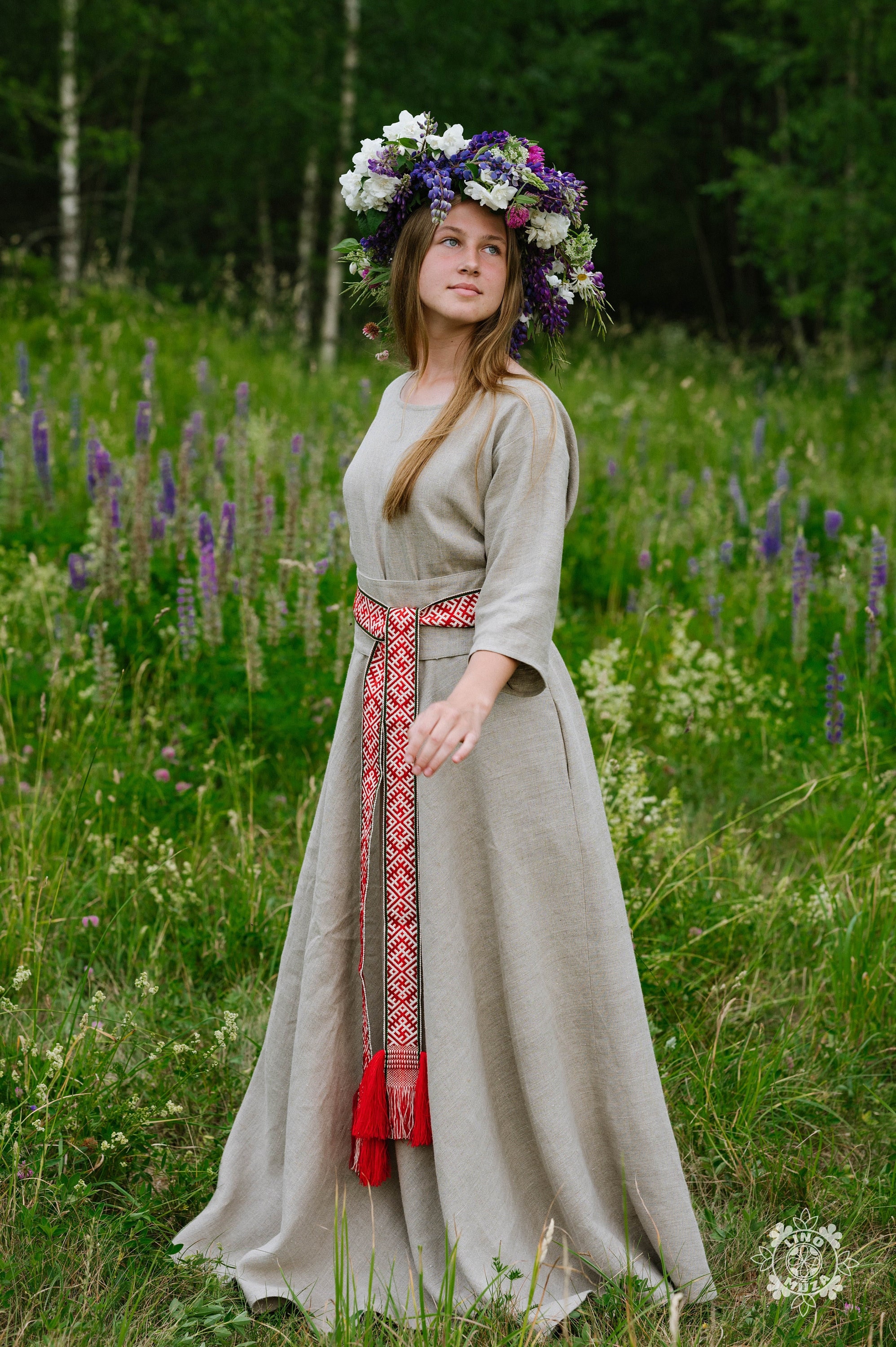Long Linen Dress. Long Natural/raw Linen Dress With RED Sash Belt