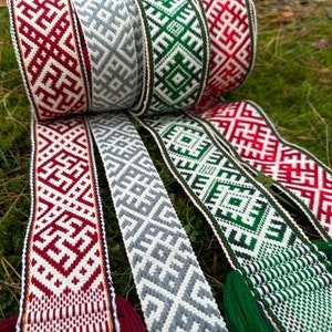 Handwoven ethno bands with woven belt symbols. Woven sash/ traditional Baltic belt/ ethno/ folk