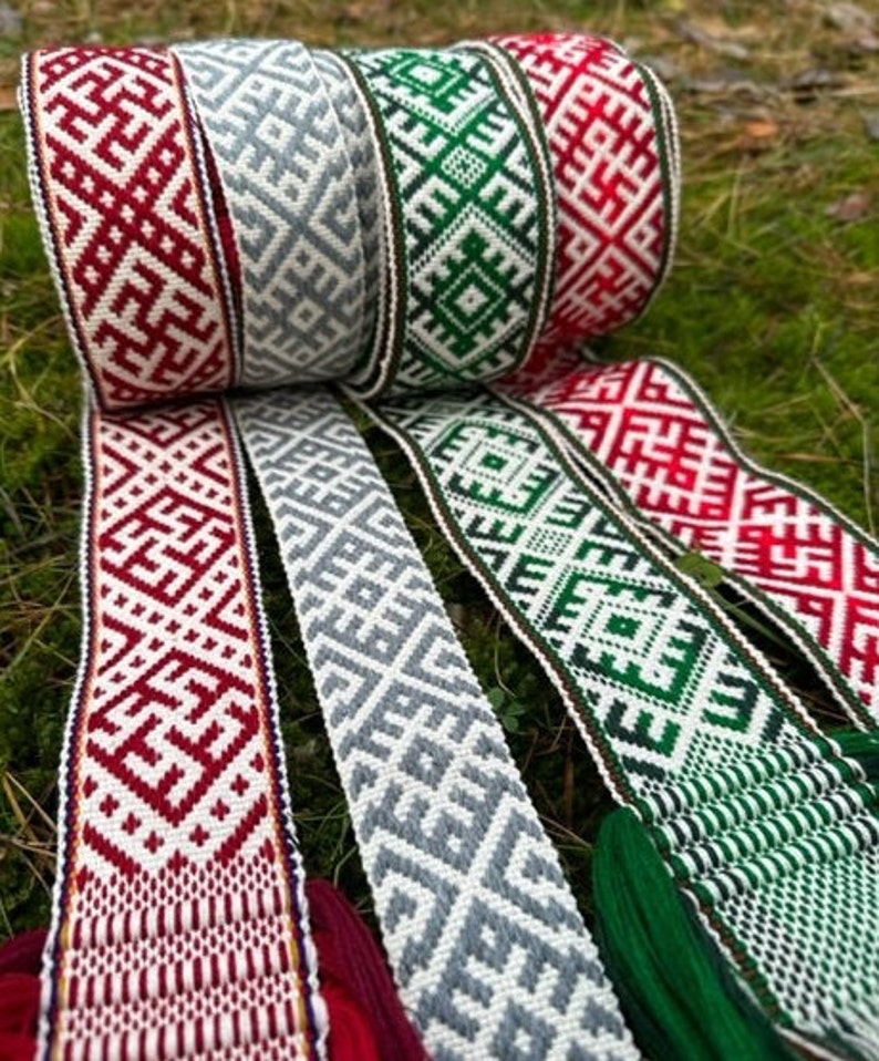 Handwoven ethno bands with woven belt symbols. Woven sash/ traditional Baltic belt/ ethno/ folk