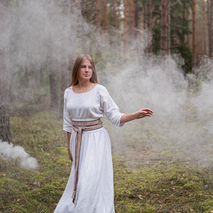 Linen wedding dress. Long white linen dress with hand-woven red ornament band. Viking dress. Viking wedding dress. Baltic wedding dress.