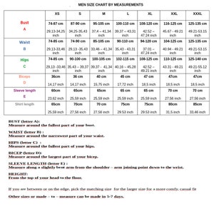 men size chart by measurements: XS, S,M,L, XL, XXL, XXXL