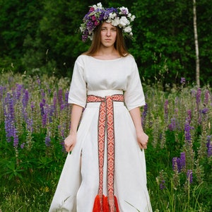 Long White linen dress with Wedding sash/belt/trim. Hand-woven band. Ethnic band, sash, belt. Red woven belt symbols