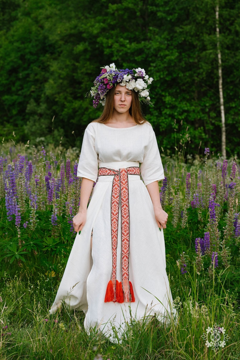 Long White linen dress with Wedding sash/belt/trim. Hand-woven band. Ethnic band, sash, belt. Red woven belt symbols