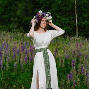 Ethnic band, sash, belt. Linen dress accessory. Linen fashion accessory. Long Linen white dress with handmade sash/belt/trim. Hand-woven band. Ethnic band, sash, belt. Green woven belt symbols.