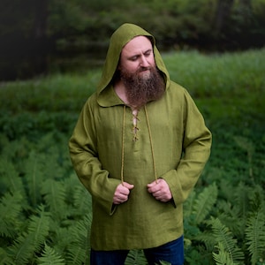 Linen  shirt for man. Hooded Long Sleeve Shirt.   Shirt neck is decorated with handmade linen twisted rope.