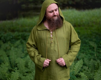 Men Linen Hoodie. Hooded Long Sleeve Shirt.Long sleeves can be rolled up. Viking style.Baltic style. Gift for him.Viking shirt. Baltic shirt