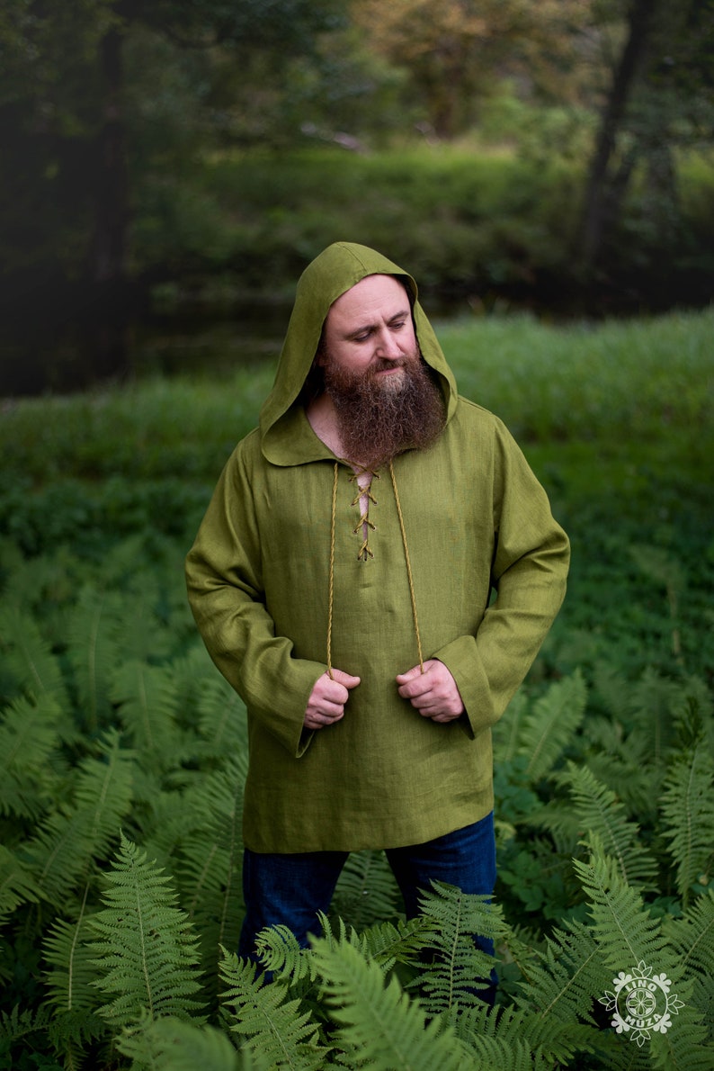 Linen  shirt for man. Hooded Long Sleeve Shirt.   Shirt neck is decorated with handmade linen twisted rope.