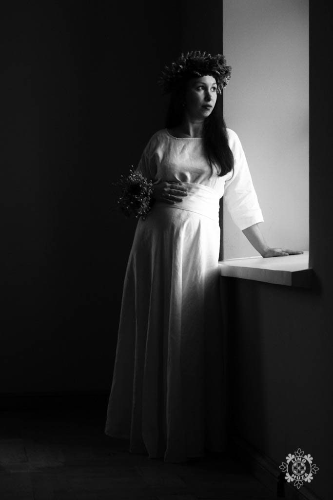 Long Linen Dress With Blue Handwoven Band. Viking Dress. Viking