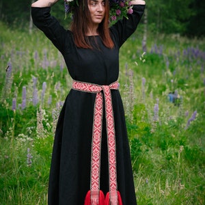 Linen dress accessory. Linen fashion accessory. Long Linen  dress with handmade  red sash/belt/trim