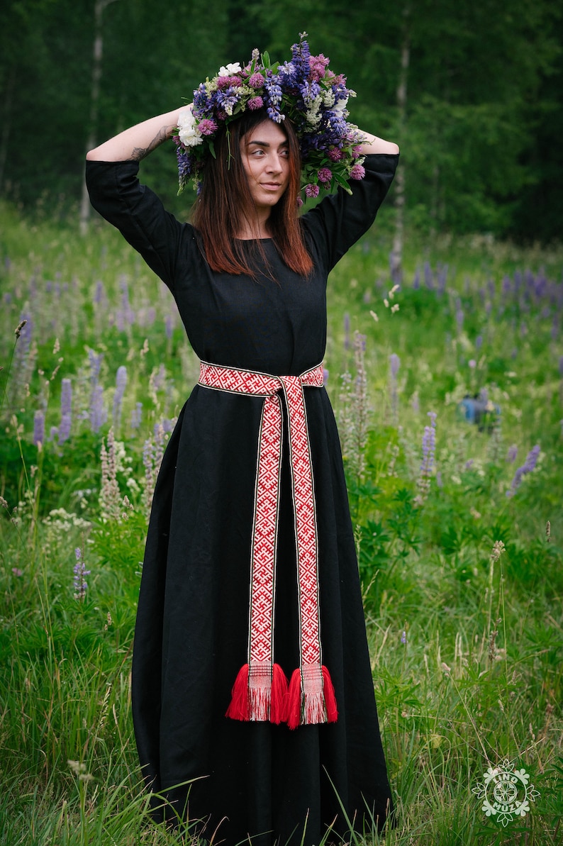 Linen dress accessory. Linen fashion accessory. Long Linen  dress with handmade  red sash/belt/trim