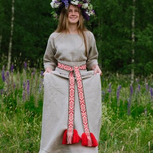 Long Linen Wedding dress with handmade sash/belt/trim. Hand-woven band. Ethnic band, sash, belt. Red woven belt symbols.