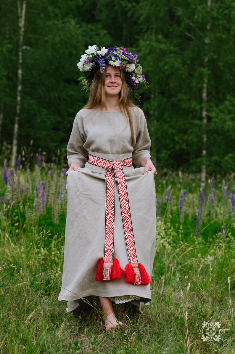 Long Linen Wedding dress with handmade sash/belt/trim. Hand-woven band. Ethnic band, sash, belt. Red woven belt symbols.