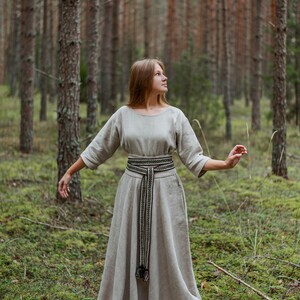 Long linen Natural/RAW dress with GREEN hand-woven band. Viking wedding dress. Baltic style. Baltic wedding dress. Luxurious gift for Her