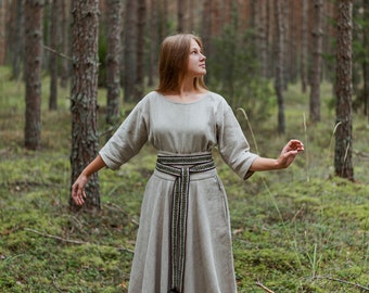 Long linen Natural/RAW dress with GREEN hand-woven band. Viking wedding dress. Baltic style. Baltic wedding dress. Luxurious gift for Her