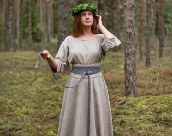 Long linen dress with NARROW BLUE hand-woven band. Viking dress. Viking wedding dress. Baltic style. Baltic wedding dress. Gift for her