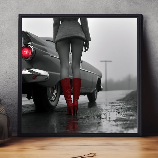 Classic Car and Girl in Red Boots Print - Black & White Vintage Photo - Fashion Art - Bedroom Wall Decor  - Digital Download