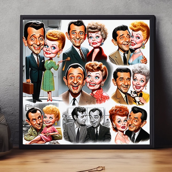 Lucille Ball and Desi Arnaz Caricature Art - 'I Love Lucy' Dynamic Duo Illustration, Onscreen & Offscreen Romance in Humorous Style, 24"x24"