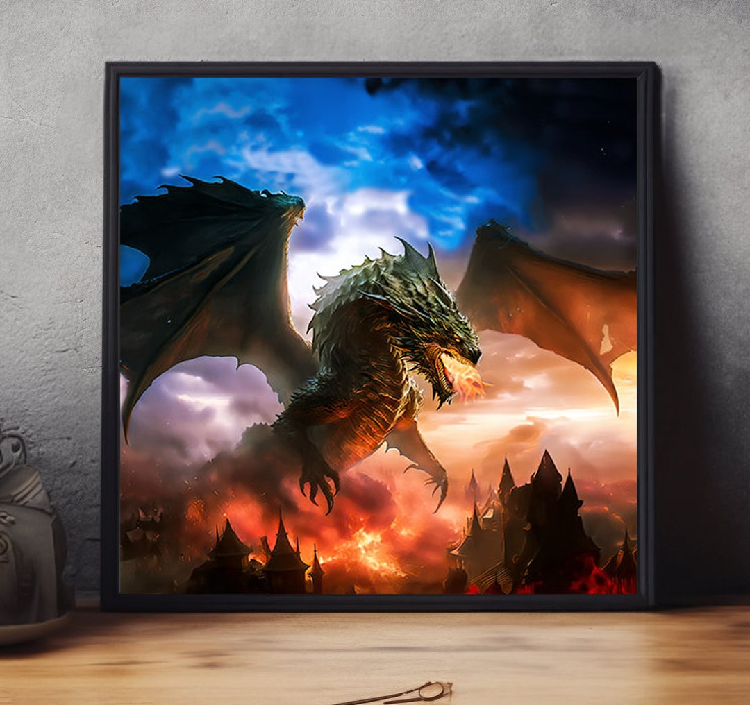 Epic Dragon Flight & Fire Art - Digital Print of Mythical Dragon Over ...