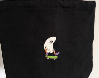 Bolsa de mano Ghost Skateboarding skater con bordado, Bolsa de compras con cremallera, Bolsa de mano bordada skater divertido, Diseño de bordado skater