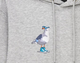 Hoodie Zeemeeuw met borduurwerk, Unisex hoodie met duif, Geborduurde hoodie grappige zeemeeuw, Borduurontwerp zomervogelbril