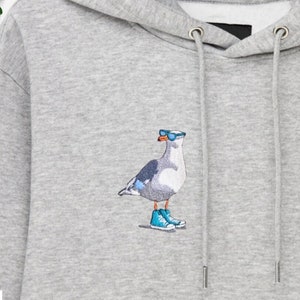 Hoodie Seagull with embroidery, Unisex hoodie with pigeon, Embroidered hoodie funny seagull, Embroidery design summer bird glasses