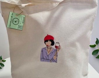 Bolsa de mano con bordado, bolsa de compras con dama, diseño de arte y vino, bolsa de mano con bordado, bolsa de compras bordada, amante del vino