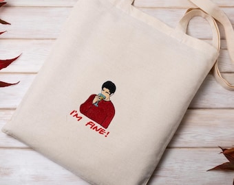 Bolsa de tela bordada de Ross Geller, con el bordado "Estoy bien" de la serie Friends, ideal como regalo para fans de la serie, perfecta para las compras navideñas.