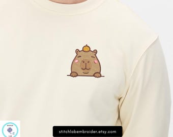 Sudadera bordada con capibara, cuello redondo minimalista, linda camiseta de capibara, suéter unisex con ambiente relajado, regalo para amantes de los animales.
