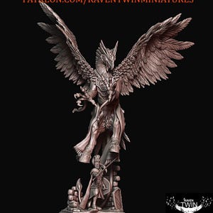 May include: A detailed miniature sculpture of a griffin with outstretched wings, standing over a miniature figure. The griffin has a bird-like head and large feathered wings. The base features a small figure with a sword and shield. The text "PATREON.COM/RAVENTWINMINIATURES" is at the top.