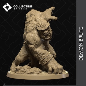 May include: A detailed, gray, 3D printed miniature of a demon brute, standing on a round base. The demon has a fierce expression, sharp teeth, and a muscular build. It is covered in fur and has a spiked collar.
