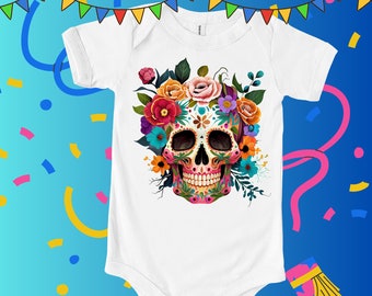 Sugar Skull Baby, Short Sleeve Onesie, Fiesta, Cinco de Mayo, Dia de los Muertos, Celebrate, Mexican Heritage, Skull Art, Festive Flair, Art