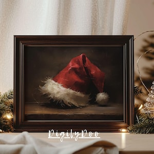 Weihnachtsweihnachtsdekor, druckbare Weihnachtsmannmütze Stillleben-Anmalbild, rustikale Weihnachtskunst, Weinlese-Weihnachtsurlaub-Druck, dunkle Academia Winterdrucke