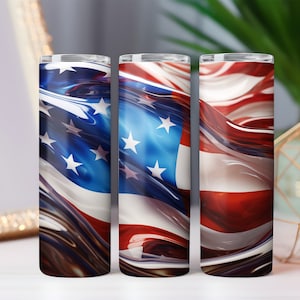 Vaso de vidrio líquido con la bandera estadounidense en 3D del 4 de julio, envoltura PNG, diseño de sublimación delgada, descarga digital, vasos de vidrio, sublimación del 4 de julio