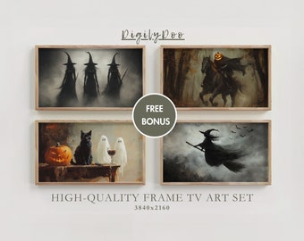 Vintage Halloween Frame TV Art Set: Spooky Witch & Ghost Paintings (Digital Download)