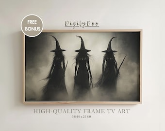 Halloween Frame Tv Art, Vintage Witch Painting, Rustic Witchy Sisters Fall Decor, moody wallpaper dark academia Screensaver Digital Download