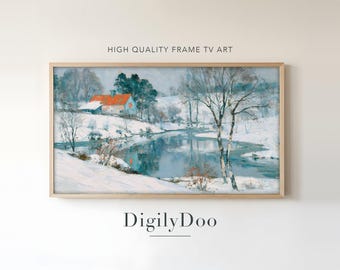 Red Barn by a Frozen Pond, Vintage Christmas Frame TV Art (Digital Download)