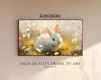Osterrahmen TV Art, süßer Osterhase im Blumenfeld Samsung TV Art, kleines weißes Kaninchen Gemälde, digitaler Frühling Vintage Bauernhausdekor