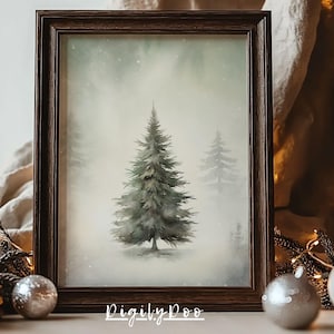 Impresión de pino navideño, arte mural imprimible navideño, pintura de acuarela de árboles de hoja perenne, póster vintage con paisaje de bosque invernal.