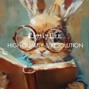 Puede incluir: Una pintura de un conejo marr&oacute;n con gafas redondas leyendo un libro rojo. El texto "Rigiby Doo HIGH-QUALITY & RESOLUTION" es visible en la imagen.