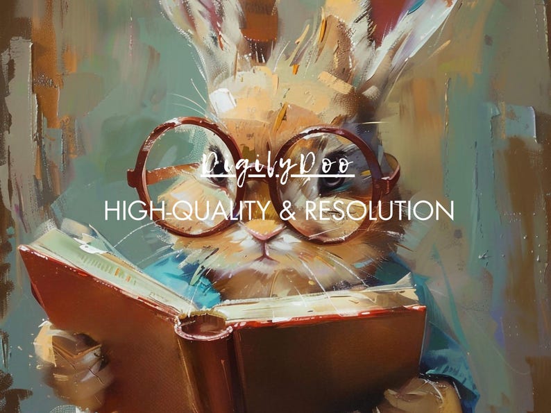 Puede incluir: Una pintura de un conejo marr&oacute;n con gafas redondas leyendo un libro rojo. El texto "Rigiby Doo HIGH-QUALITY & RESOLUTION" es visible en la imagen.