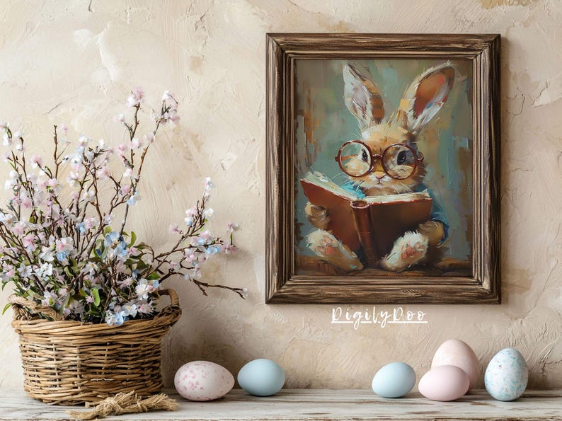 Puede incluir: Una pintura enmarcada de un conejo marr&oacute;n con gafas leyendo un libro. El conejo est&aacute; sentado en una manta azul y blanca. La pintura est&aacute; en un marco de madera marr&oacute;n con un paspart&uacute; blanco. La pintura est&aacute; colgada en una pared beige. Hay cinco huevos de Pascua de color pastel en un estante de madera debajo de la pintura.