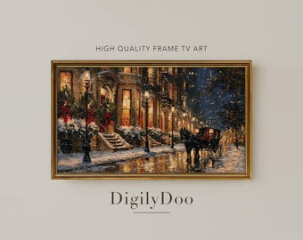 Snowy Brownstone Street at Night, Vintage Christmas Frame TV Art (Digital Download)