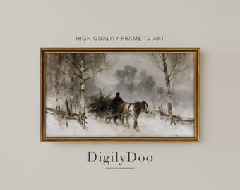 Horse Sled in Snowy Birch Woods, Vintage Christmas Frame TV Art (Digital Download)